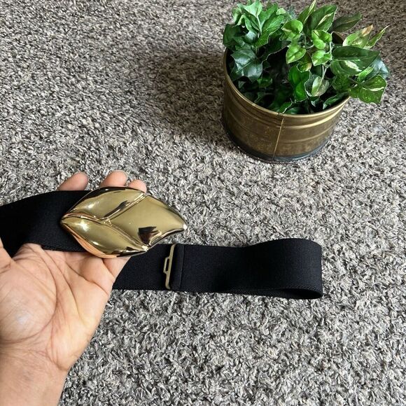 Vtg Gold Leaf Metal Buckle Stretch Waist Belt Black Motion East OS - Picture 2 of 6